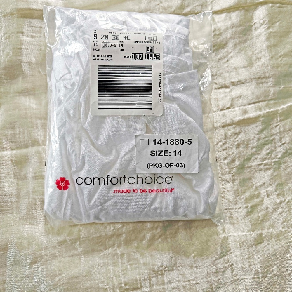 2 PANTIES, NYLON, WHITE, SIZE 14 (6X?), COMFORT CHOICE, TAGS ON, IN ORIGINAL BAG